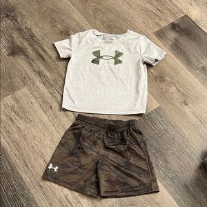 Under Armour Light Gray Tee and Brown Camouflage Shorts